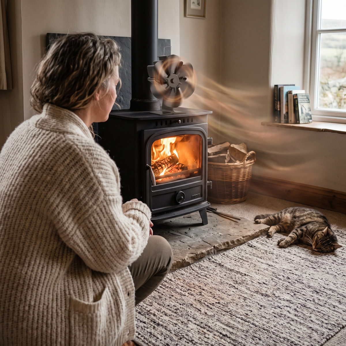 Varmedrevet ventilator med termometer, der fordeler varmen i stuen