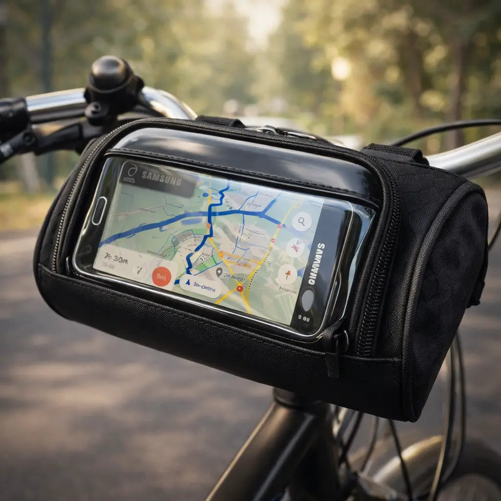 Sort styrtaske monteret på cykelstyr med mobil bag touchruden