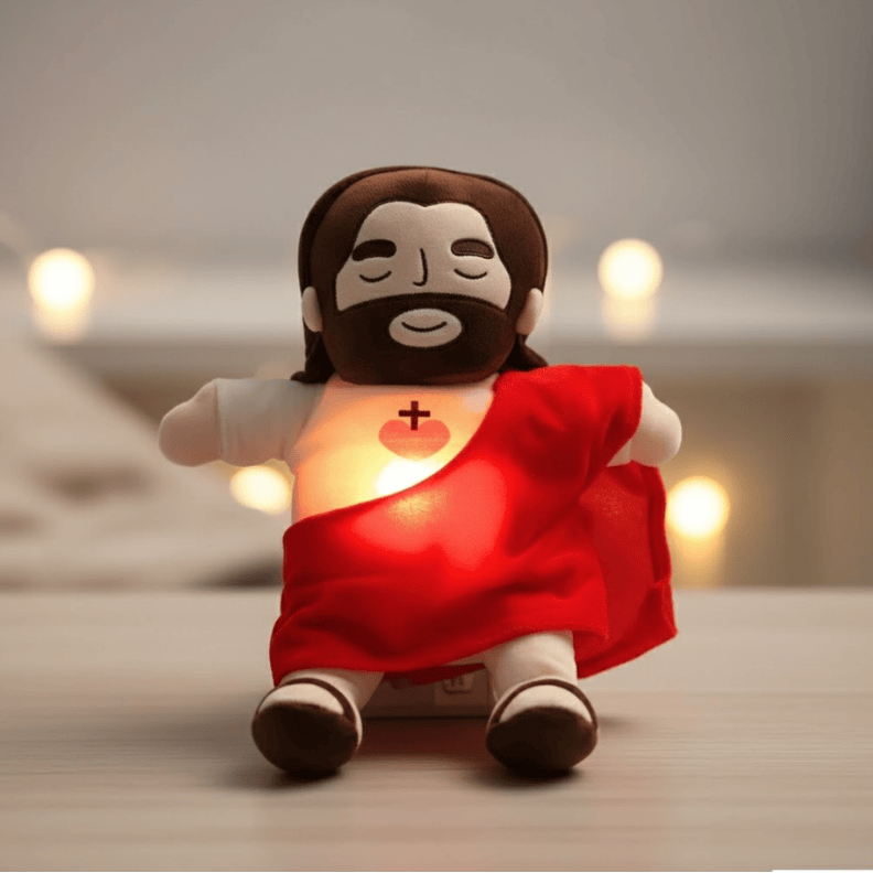 TRØSTBAMSE blød Jesus-bamse i cremehvidt plys med gyldne detaljer