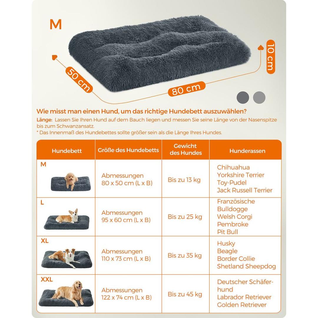 Hundepude 10 cm tyk – plys med skridsikker bund – 80, 95, 110 eller 122 cm – vaskbar